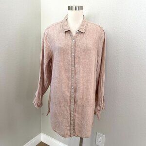 Tahari Womens Plus 1X Light Brown 100% Linen Button Up Shirt Tunic Top